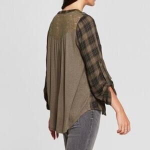 Knox Rose Women's M Button Down Plaid Lace Back Top Green Fall Boho